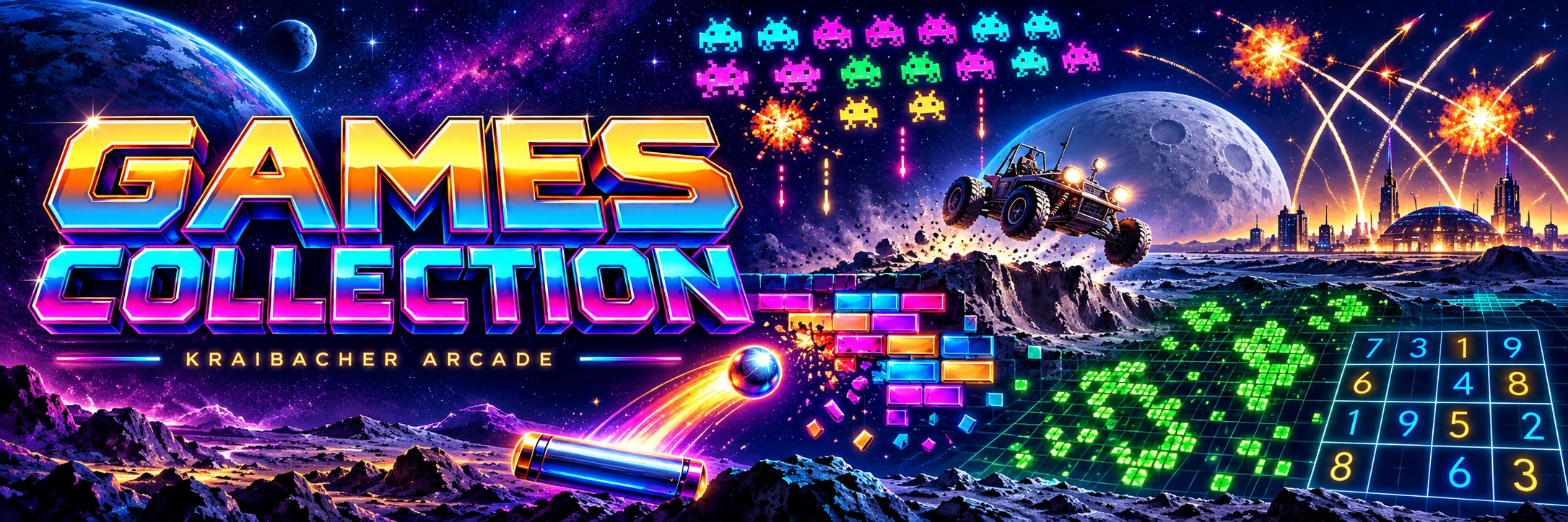 Games Collection – ein leuchtendes Arcade-Universum mit Raketen, Aliens, Mondbuggy und bunten Spielmotiven